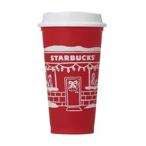 Starbucks Red Cup with White Holiday Illustration and Lid